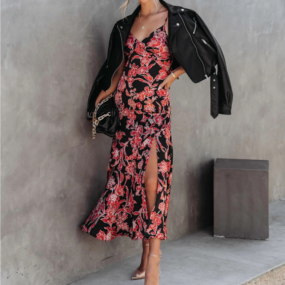 NEW Beautiful Mystery Satin Black Red Floral Midi Slit Dress